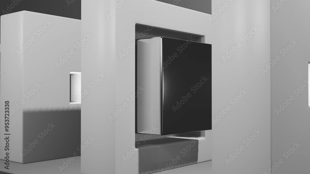 silver cube moves through sliding frames 3d composition. looped animated background. 3d render endless animation silver cube moves through sliding frames 3d composition. looped animated background. 3d render endless animation