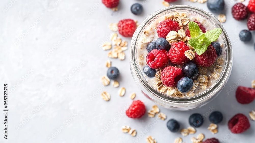 A mason jar filled with overnight oats topped with berries, on a clean background with room for copy. A mason jar filled with overnight oats topped with berries, on a clean background with room for copy.