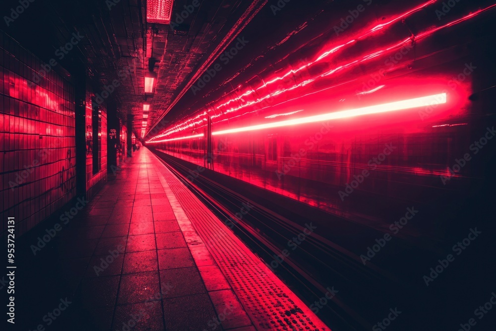 Red-Lit Subway Platform with a Single White Light Strip Red-Lit Subway Platform with a Single White Light Strip