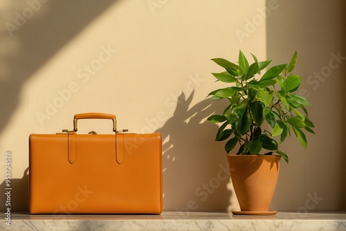 A stylish orange briefcase beside a vibrant green plant, creating a modern and elegant workspace aesthetic. photo