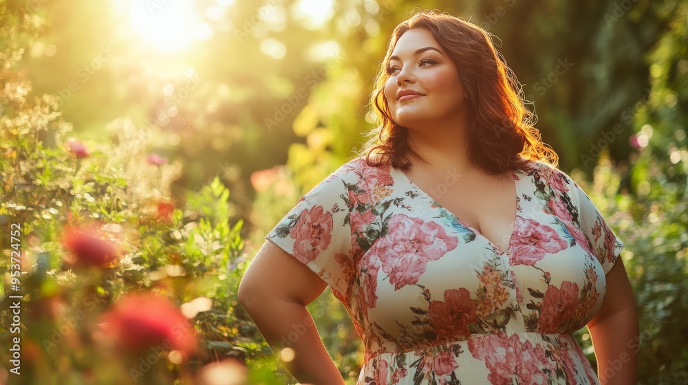 Woman in floral dress enjoying sunset in garden, confident and serene. Natural beauty, plus-size model embracing nature and sunlight. Woman in floral dress enjoying sunset in garden, confident and serene. Natural beauty, plus-size model embracing nature and sunlight.