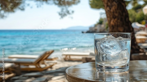 A refreshing glass of Greek ouzo with ice and water, placed on a beachside table with a view of the sea. photo