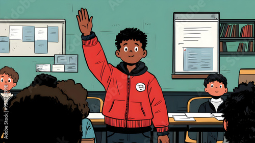 A young boy raises his hand...