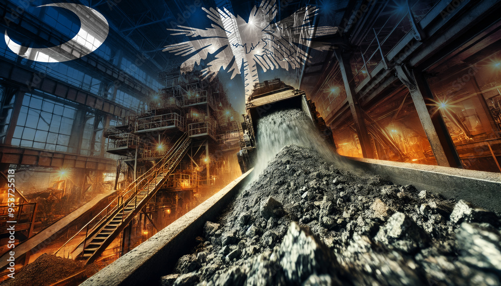An industrial scene of coal being processed, combined with the South Carolina flag, highlighting the nation's industrial prowess and the importance of energy production An industrial scene of coal being processed, combined with the South Carolina flag, highlighting the nation's industrial prowess and the importance of energy production