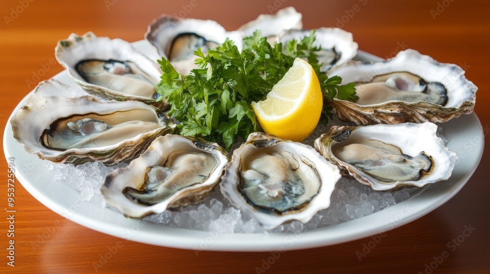 Juicy fresh oysters on the half shell served with a squeeze of lemon Juicy fresh oysters on the half shell served with a squeeze of lemon