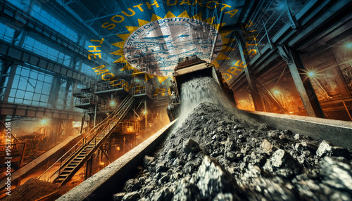 An industrial scene of coal being processed, combined with the South Dakota flag, highlighting the nation's industrial prowess and the importance of energy production photo