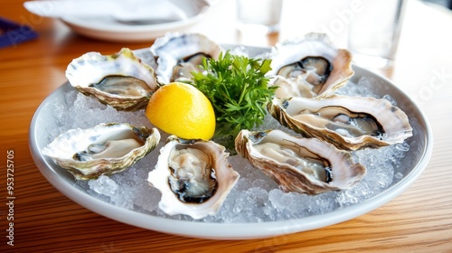 Juicy fresh oysters on the half shell served with a squeeze of lemon photo