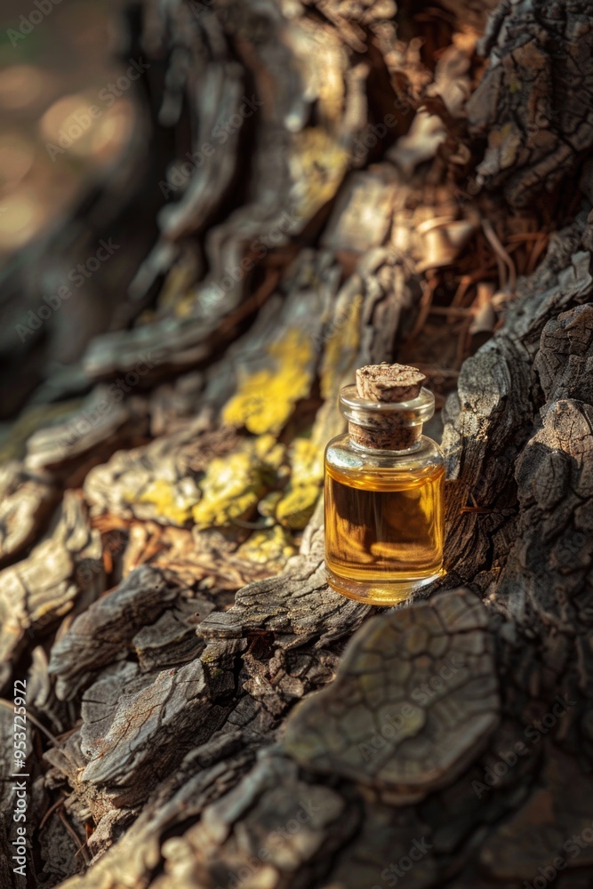 Close-up on oils in bottles with bark background. Close-up on oils in bottles with bark background.