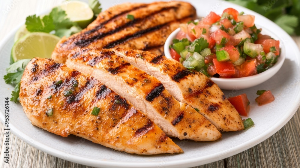 Juicy grilled chicken breast with a side of fresh salsa light and healthy Juicy grilled chicken breast with a side of fresh salsa light and healthy