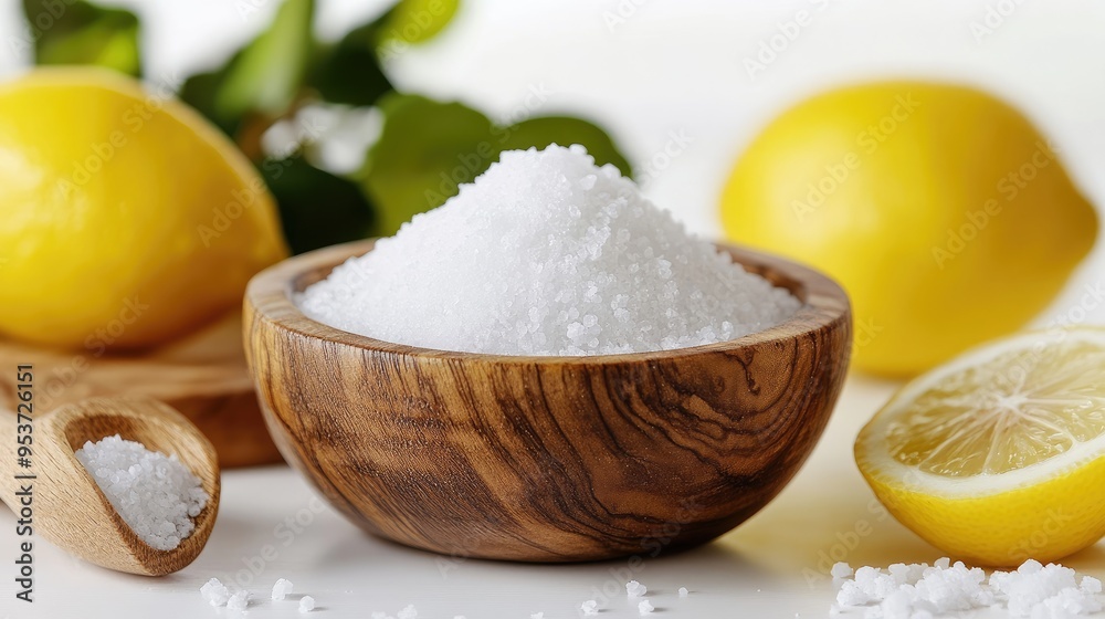 Salt in a wooden bowl with lemon on white background. Sour and salty taste Salt in a wooden bowl with lemon on white background. Sour and salty taste