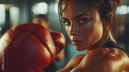 Female athlete focused on training, showcasing her athleticism and strength in action pose with boxing gloves.