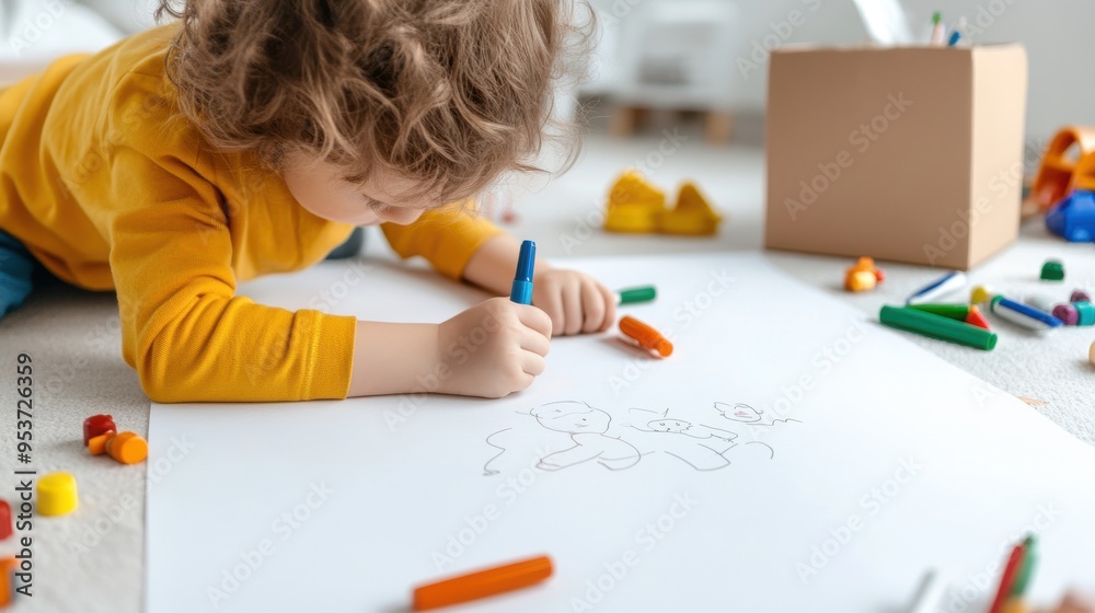 A young child enjoys drawing on a large sheet of paper, surrounded by colorful crayons and playful toys. A young child enjoys drawing on a large sheet of paper, surrounded by colorful crayons and playful toys.