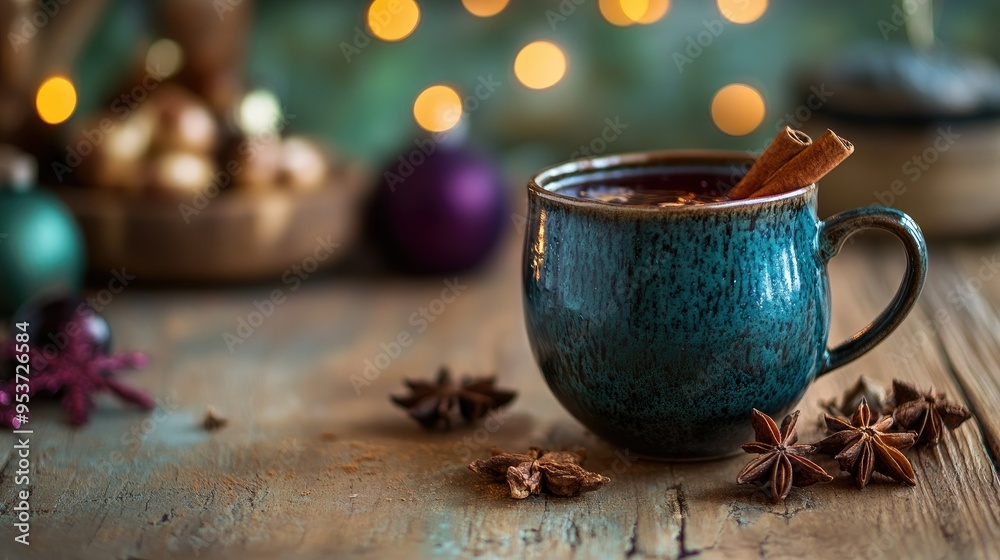 A rustic cup of Danish with spices, set on a wooden table with a cozy winter scene in the background. A rustic cup of Danish with spices, set on a wooden table with a cozy winter scene in the background.