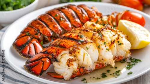 Juicy grilled lobster tail with garlic butter glistening with flavor