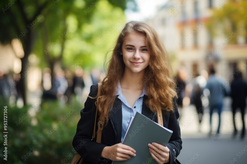 Girl smiling holding textbooks, in campus setting. Girl smiling holding textbooks, in campus setting.