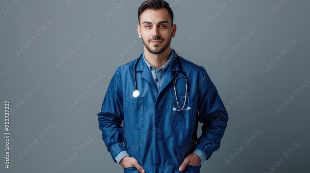 Smiling male healthcare worker in blue coat with stethoscope.