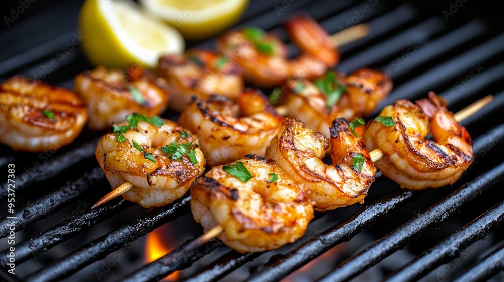 Juicy grilled shrimp skewers with a squeeze of lemon glistening with marinade Juicy grilled shrimp skewers with a squeeze of lemon glistening with marinade