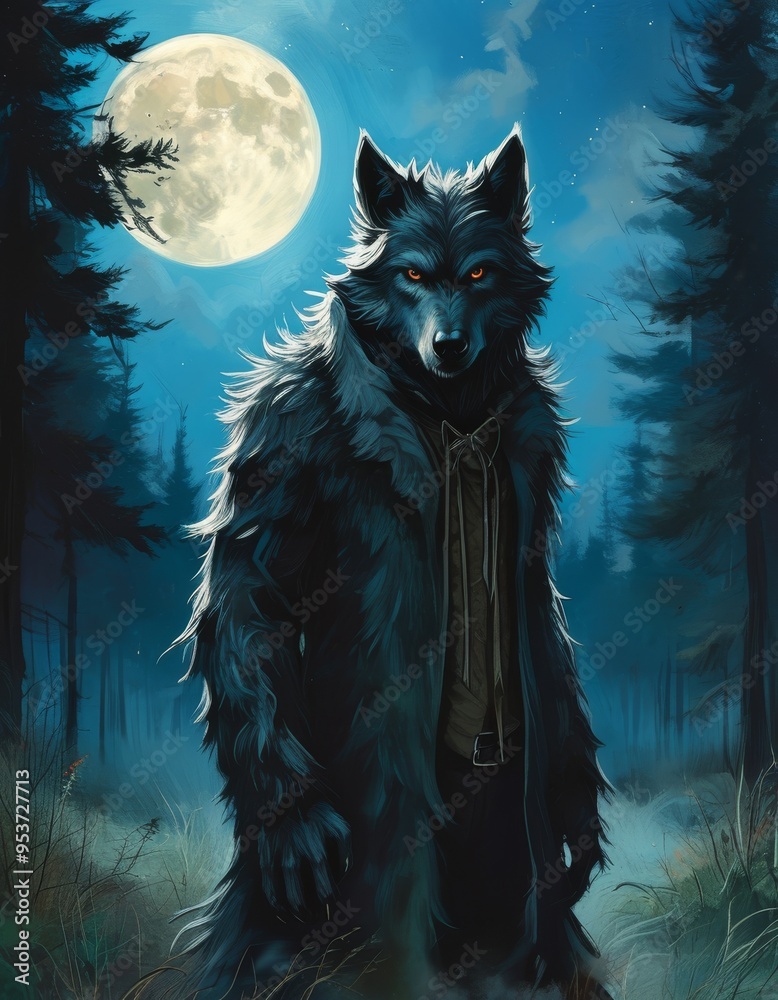 Fototapeta premium a werewolf in the forest at night with the moon