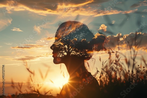 Psychology concept. Sunrise and dreamer woman silhouette. photo