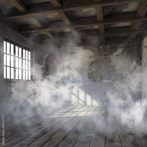3D render of an old room interior with smoke rising