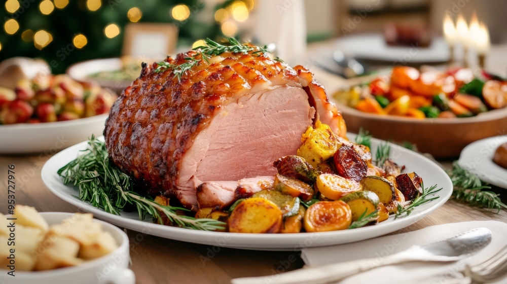 Juicy honey-glazed ham with caramelized edges served with roasted vegetables