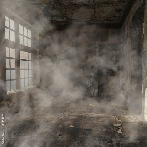 3D render of an old room interior with smoke rising