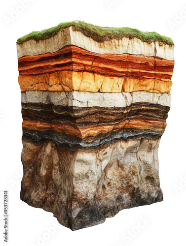 A detailed geological cross-section showcasing vibrant rock layers, highlighting natural formations and textures. photo