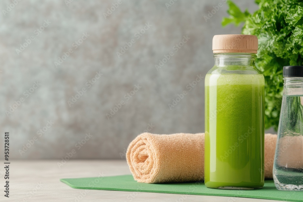 Fresh green juice in a glass bottle with a towel, highlighting healthy living and wellness in a bright, natural setting. Fresh green juice in a glass bottle with a towel, highlighting healthy living and wellness in a bright, natural setting.