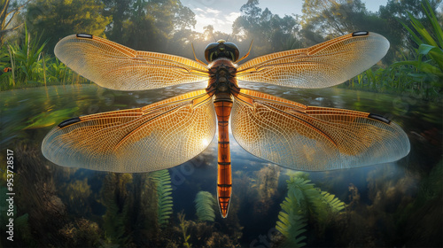 Extinct Meganeura, Giant Prehistoric Dragonfly Hovering Over Carboniferous Swamp
