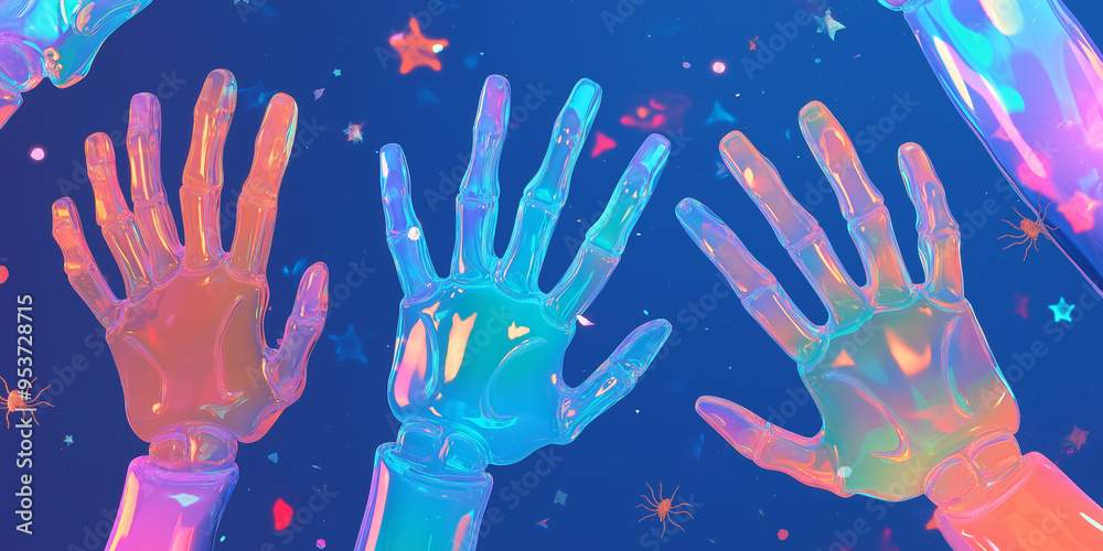 Fototapeta premium Shiny skeleton hands with shifting colors, reaching out from a dark foggy background, unique halloween background 