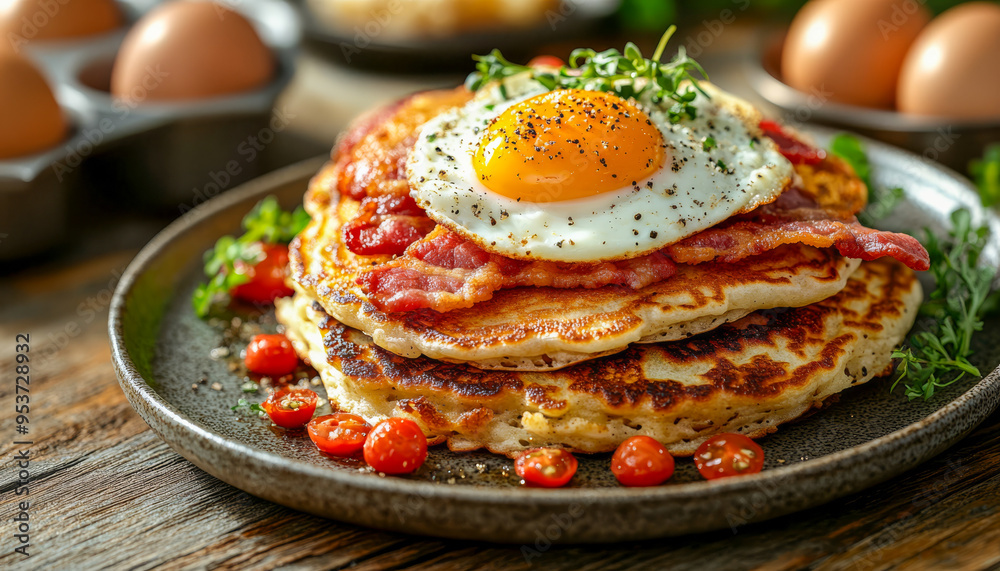 Fluffy pancakes served with crispy bacon, a fried egg, and drizzled with maple syrup. A perfect mix of sweet and savory flavors, ideal for breakfast menus or culinary advertising.. Fluffy pancakes served with crispy bacon, a fried egg, and drizzled with maple syrup. A perfect mix of sweet and savory flavors, ideal for breakfast menus or culinary advertising..