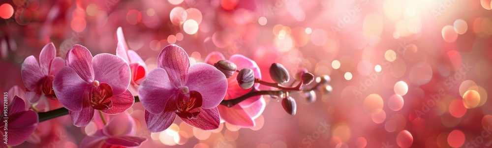Obraz premium Purple orchids with pink petals against a pink background, plant background, banner, copy space