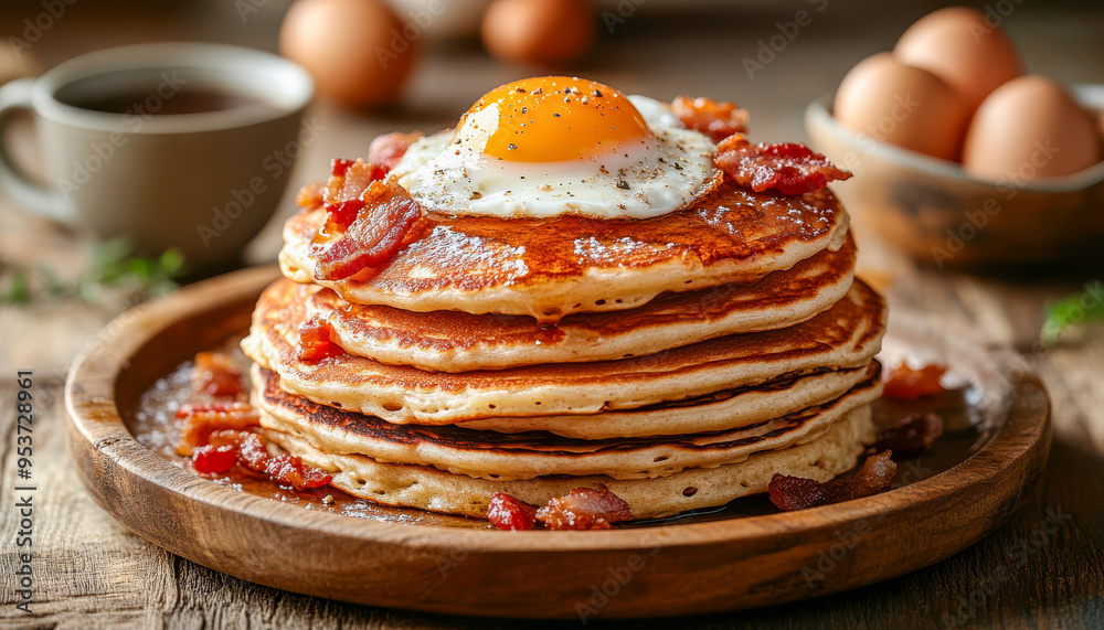 Fluffy pancakes served with crispy bacon, a fried egg, and drizzled with maple syrup. A perfect mix of sweet and savory flavors, ideal for breakfast menus or culinary advertising.. Fluffy pancakes served with crispy bacon, a fried egg, and drizzled with maple syrup. A perfect mix of sweet and savory flavors, ideal for breakfast menus or culinary advertising..