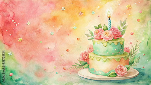 Fototapeta Naklejka Na Ścianę i Meble -  Decorative watercolor birthday cake with flowers and a candle on a vibrant and festive background