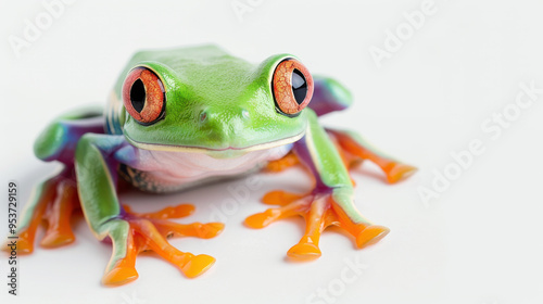 A green frog with red eyes is standing on a white background