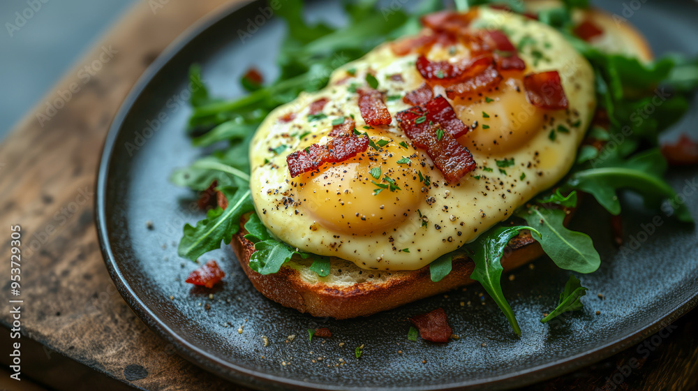 Gourmet Eggs Benedict on toast with arugula, crispy bacon, and hollandaise sauce. A luxurious breakfast choice, perfect for upscale menus, food photography, or culinary branding.. Gourmet Eggs Benedict on toast with arugula, crispy bacon, and hollandaise sauce. A luxurious breakfast choice, perfect for upscale menus, food photography, or culinary branding..
