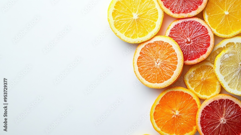 Freshly sliced citrus fruits on a clean white surface, with copy space on the side. Freshly sliced citrus fruits on a clean white surface, with copy space on the side.