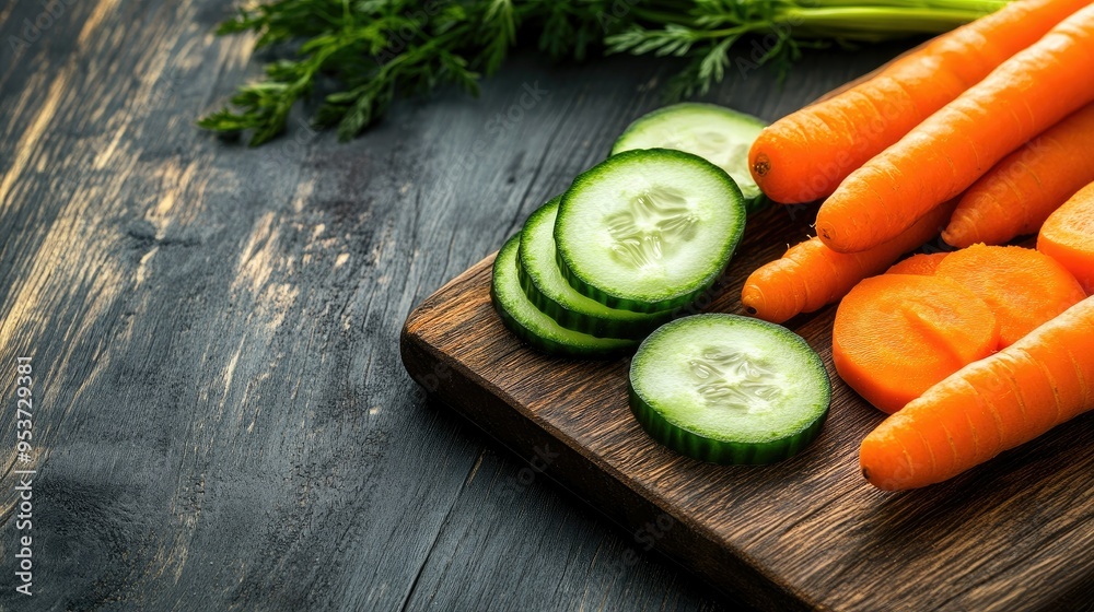 Freshly sliced cucumber and carrots on a wooden board, with ample space for text beside them. Freshly sliced cucumber and carrots on a wooden board, with ample space for text beside them.