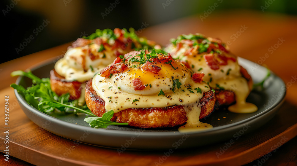Gourmet Eggs Benedict on toast with arugula, crispy bacon, and hollandaise sauce. A luxurious breakfast choice, perfect for upscale menus, food photography, or culinary branding.. Gourmet Eggs Benedict on toast with arugula, crispy bacon, and hollandaise sauce. A luxurious breakfast choice, perfect for upscale menus, food photography, or culinary branding..
