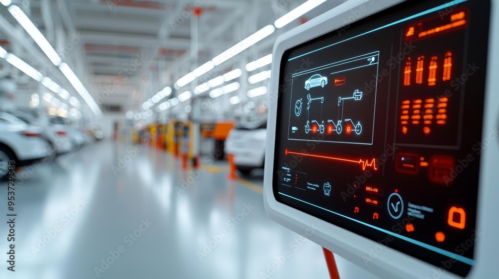 Modern auto repair shop with a virtual interface displaying electric car diagnostics, capturing the future of automotive maintenance Modern auto repair shop with a virtual interface displaying electric car diagnostics, capturing the future of automotive maintenance