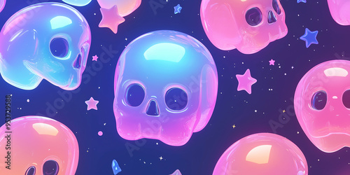 Cute shiny skulls with stars for Halloween background, blue and purple color themed