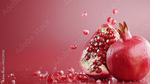 Juicy pomegranate seeds spilling out from a broken half glistening with juice photo