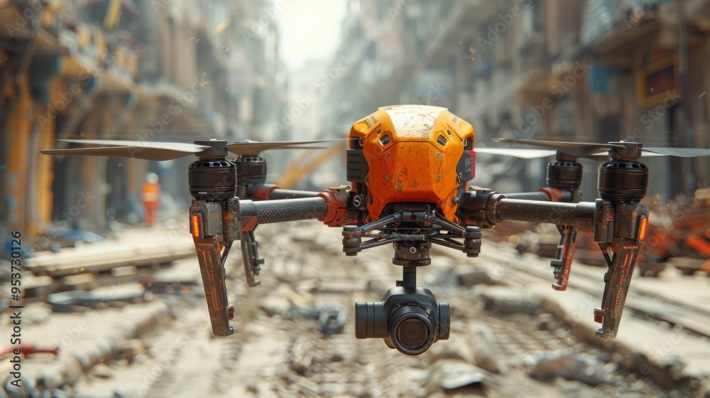 Paint a scene of a drone inspecting structures at a construction site, identifying potential safety hazards and maintenance issues from