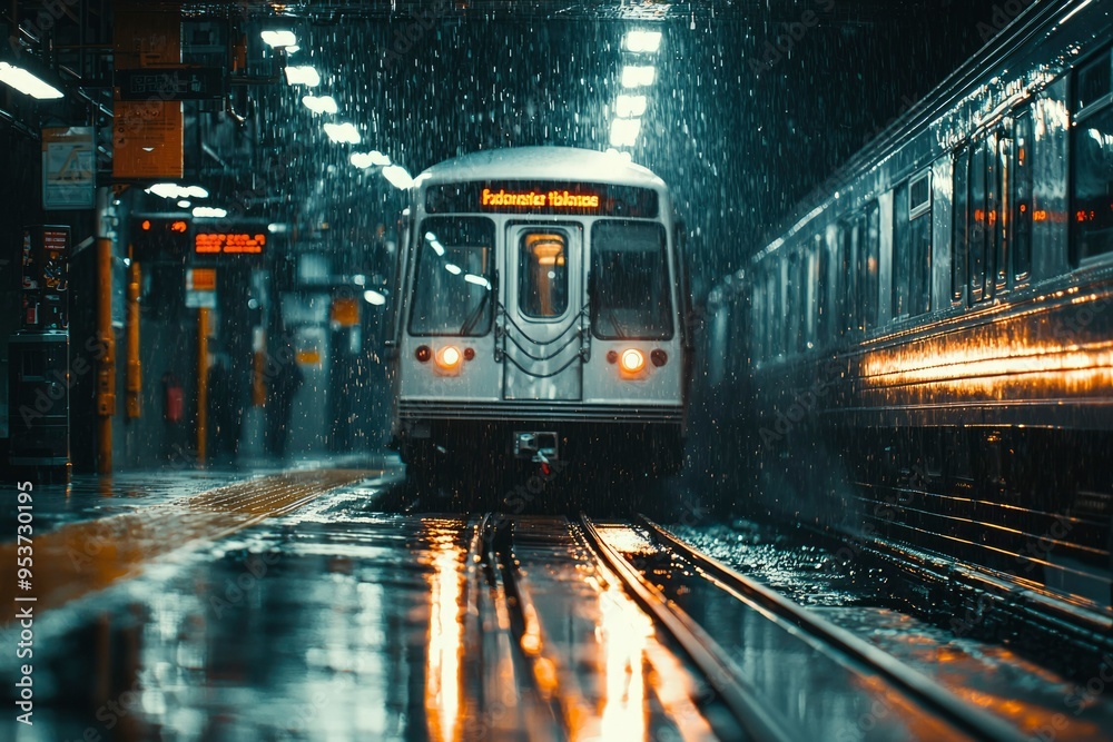 Obraz premium Subway Train Arriving at Station in Rainy Night