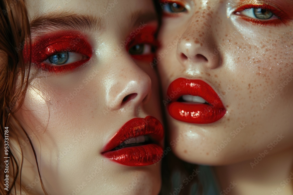 Beauty portrait of two women with red glamour make up. Red lips and red eyeshadows. Beauty portrait of two women with red glamour make up. Red lips and red eyeshadows.