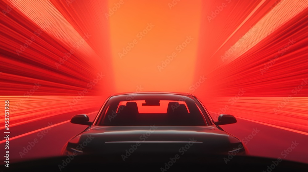Naklejka premium Front View of a Car Driving Through a Futuristic Red Neon Tunnel with Speed Light Trails
