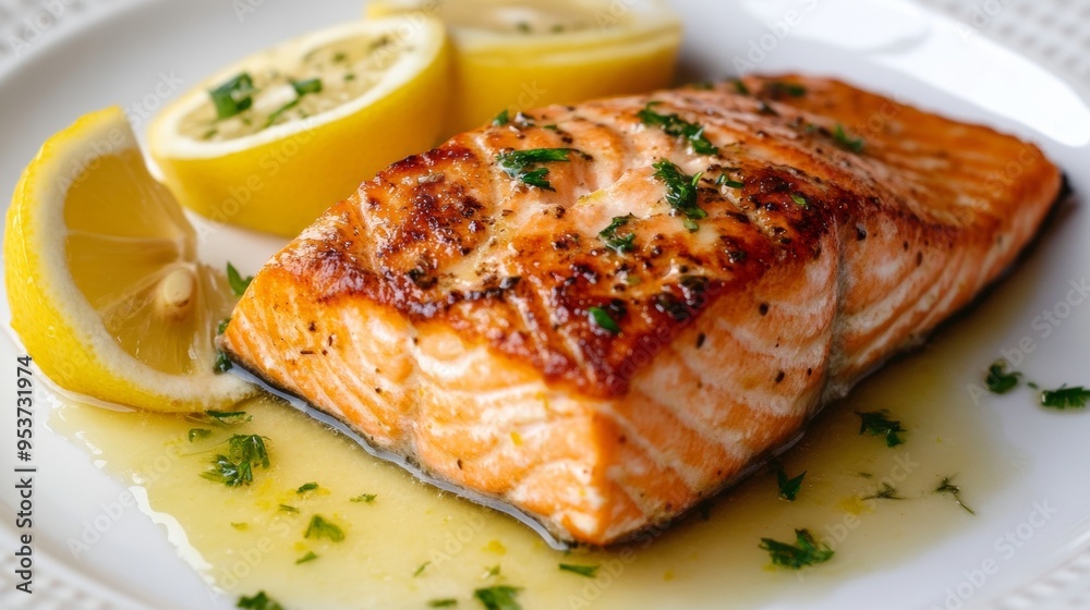 Juicy salmon fillet with a crispy skin served with a lemon butter sauce Juicy salmon fillet with a crispy skin served with a lemon butter sauce