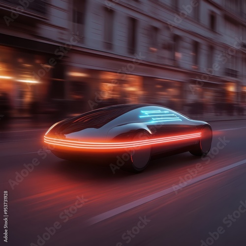 Autonomous sports car, holographic navigation, high-speed urban racing, digital visual elements