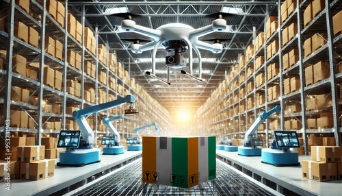 An advanced warehouse filled with drones and robots managing inventory, centered on an Cote d'Ivoire flag-marked package, symbolizing innovation in automated warehousing