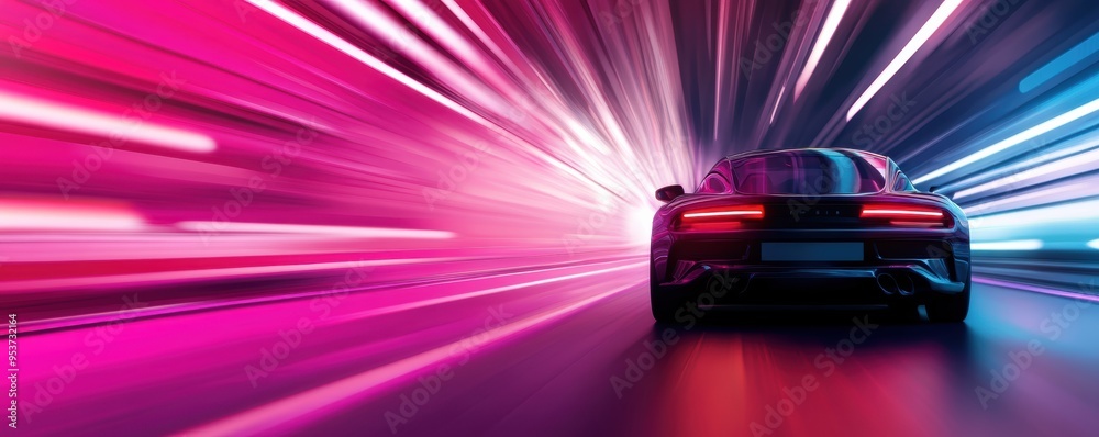 Naklejka premium Futuristic sports car HUD, virtual driving mode, neon lights, high-speed urban track